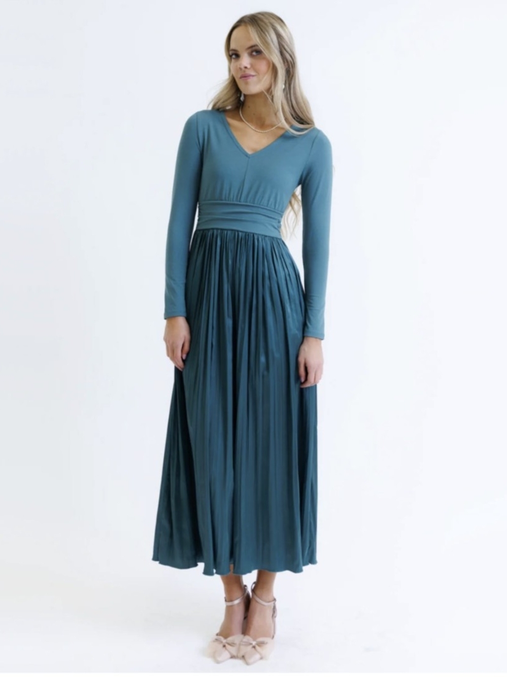 DownEast Teal Long-Sleeve V-Neck Maxi Dress